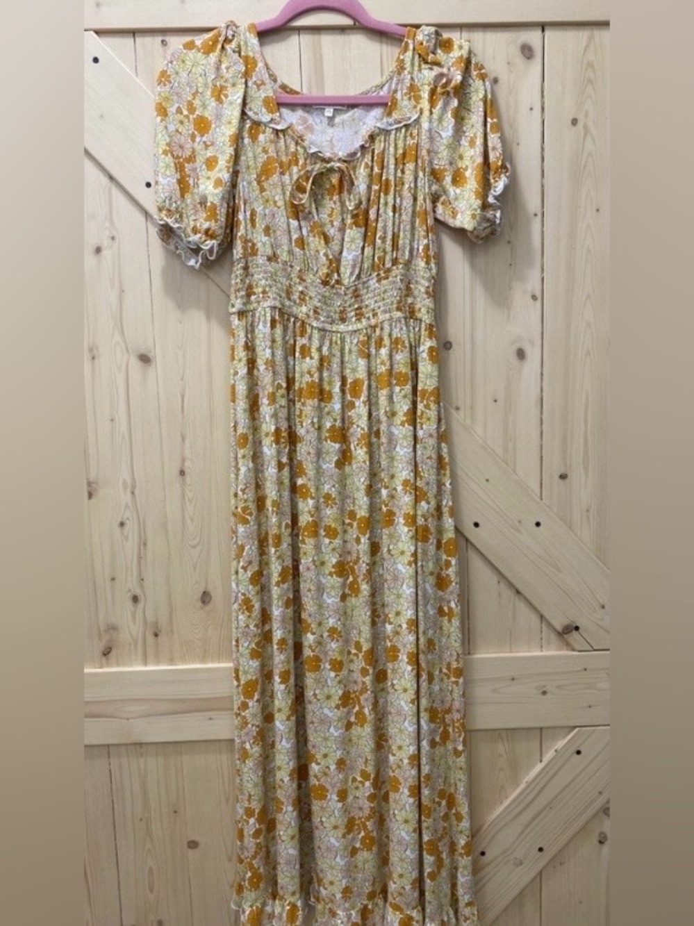 🔥🔥Coastal Western Feminine Floral Orange & Yellow Puffy Sleeved Flattering Maxi